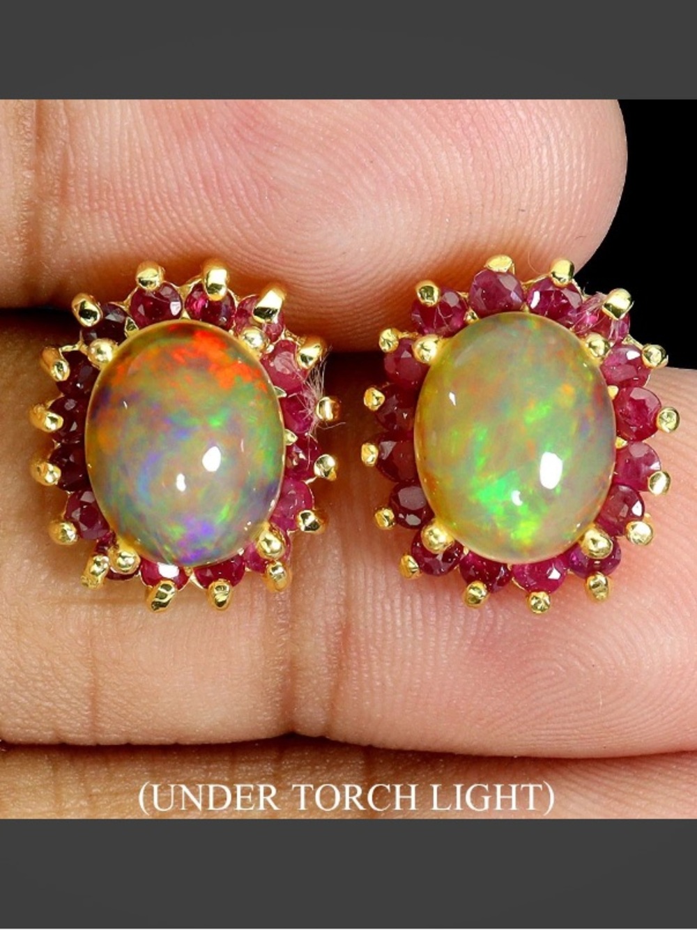 14K / 925 Yellow Gold Fire Opal and Ruby Halo Stud Earrings NEW